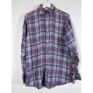 Robert Talbott Mens Tailored Multicolor Plaid 100% Linen Button-Up Shirt Medium
